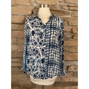 APNY New York Blue White Tie Dye Shibori Cupro Viscose Button Down Blouse Large